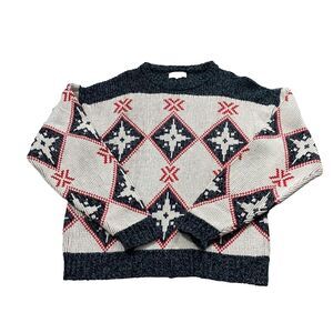Mergers Vtg 80s Imported Fabric Argyle Star Snowflake Pattern Knit Sweater Retro